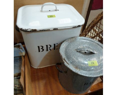 An enamel bread bin and rice pot and cover