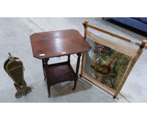 A brass peacock firescreen, an Edward VII occasional table and a stretched tapestry
