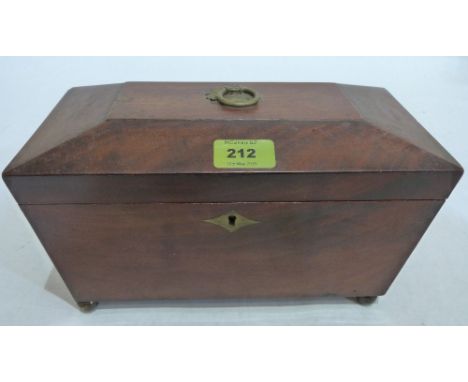 A Regency mahogany sarcophagus tea caddy on gilt brass ball feet. 11¼' wide