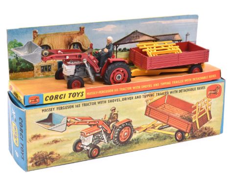 Corgi Toys Gift Set 9. Massey Ferguson 165 Tractor With Shovel, Driver &amp; Tipping Trailer with Detachable Raves. In red an