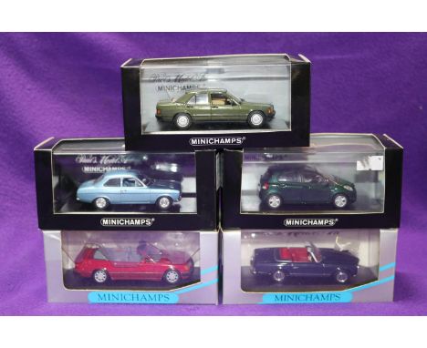 5 1:43 Minichamps. 3x Mercedes Benz- 280SL in dark blue. 300CE2.4 Cabriolet in red and a 190E in dark green. Plus a Toyota Ya