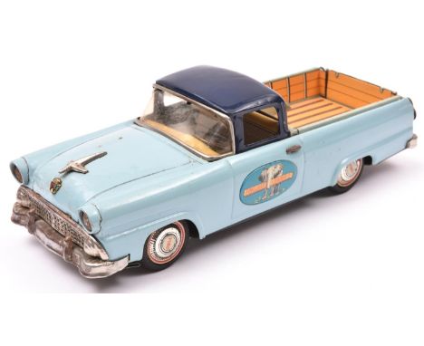 Bandai Tinplate 1956 Ford Fairlane Ranchero Pick-Up. In light blue with dark blue roof, elephant with 'Ford Lasts Longer' ova