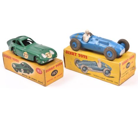 2 Dinky Toys. Bristol 450 Sports Coupe (163). In dark green, RN27, mid green wheels with black tyres. Boxed, some wear. Plus 