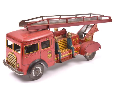 An Early Post-War French Tinplate Clockwork Fire Engine/Turntable Fire Escape. Probably by Joustra, in red with yellow litho 