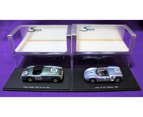 2 Spark 1:43 Racing Cars. Lotus 19, Nassau 1962, RN6, in light metallic blue, driver I. Ireland. Plus an Austin Healey 100 Le