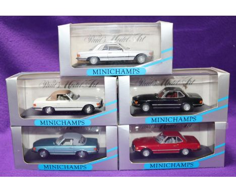 5 1:43 Minichamps Mercedes Benz. 4x 350SL, colour - red, black, light blue and white and other variations. Plus a 450SLC in s