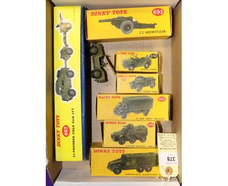 9 Dinky Military. 25-Pounder Field Gun Set (697). Comprising Medium Artllery Tractor, limber and gun. Bedford 3-Ton Army Wago