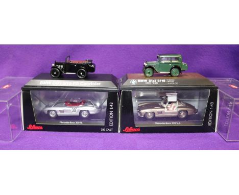 4x Schuco. 2x Mercedes-Benz 300SL racing car, RN30 in metallic silver with red interior. 300SLS Gullwing in light metallic go