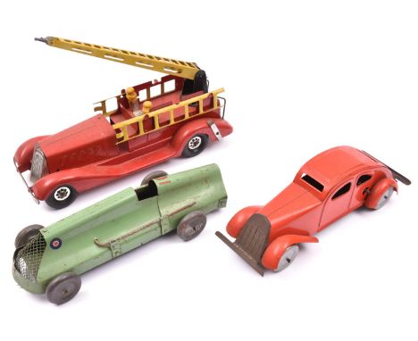 3 Tinplate Vehicles. A heavy duty tinplate American style friction powered Fire Engine. Probably late 1940's early 1950's in 