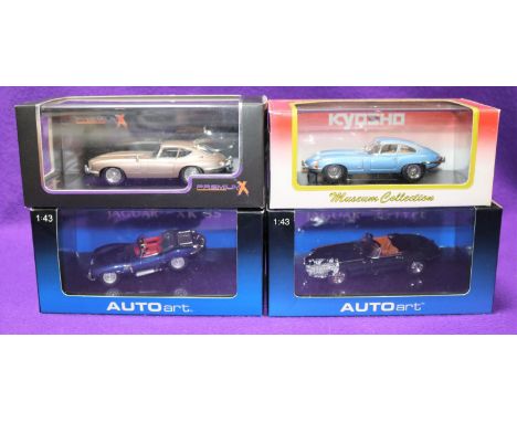 4 1:43  Sports Cars. 2x Autoart Jaguars- XKSS in dark metallic blue and a late Jaguar E Type V12 in BRG. Plus an unusual mode