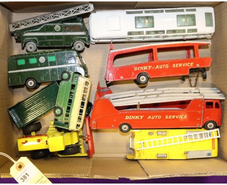 8 Dinky Toys. Dinky Auto Service Leyland Car Transporter and Trailer. Bedford Vega Major Luxury Coach. 2x BBC TV vehicles- Ex