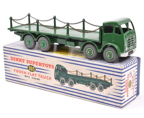 Dinky Supertoys Foden Flat Truck with Chains (905). In green with lighter green wheels and grey tyres, Boxed, some minor wear