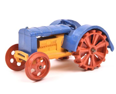 An early Dinky Toys 22e Tractor. An example in mid blue with yellow engine and red wheels. Complete with hook. VGC minor wear