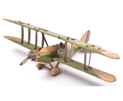 A Meccano Aero Constructor Tinplate Aircraft. Made up as a WW1 style Bi-Plane, finished in light green and cream French Air F