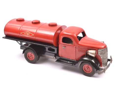 A scarce French VEBE Tinplate Clockwork Large Scale 2 Axle Petrol Tanker. In red and black livery, with bonneted cab, opening