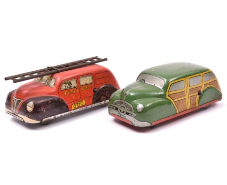 2 Mettoy Tinplate Clockwork Vehicles. A fire engine with ladder to roof, 'Fire Dept' to sides, in red and maroon livery. Plus