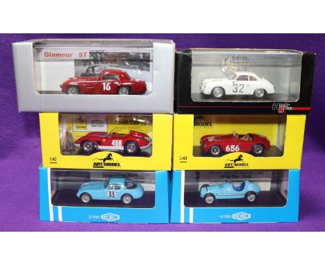 5 1:43 Racing Cars. 2x Art Model Ferrari- 1950 166 MM, RN656. 1956 500 TRC MM, RN458, both in Italian Racing Red. Plus a Glam