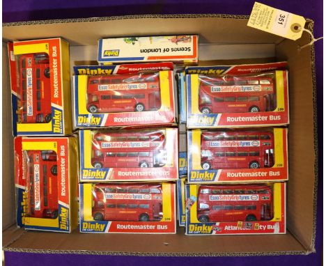 17 Dinky Toys London Routemaster Buses. (289). 16 in red L.T. livery 14 with ESSO Safety Grip Tyres adverts. Plus a Normandy 