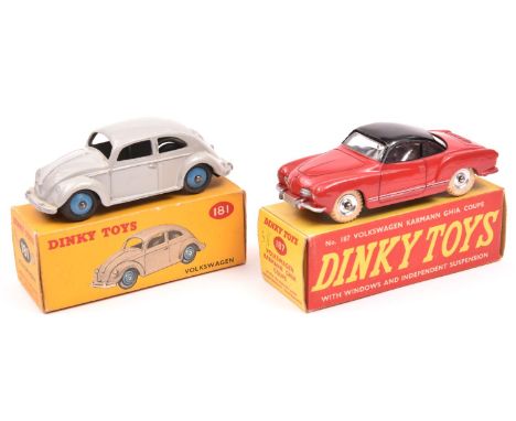 2 Dinky Toys Volkswagens. Volkswagen 'Beetle' (181) in light grey with mid blue wheels. Plus a Karmann Ghia Coupe (187). In r