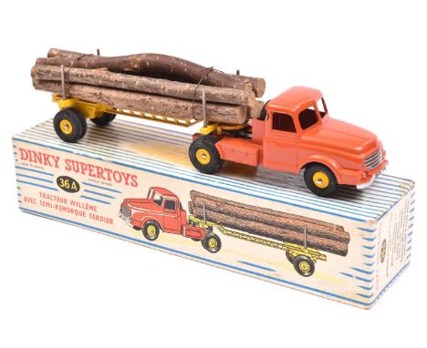 French Dinky Supertoys Tracteur Willeme Avec Semi-Remorque Fardier (36A). Orange tractor unit with yellow skeletal trailer, y