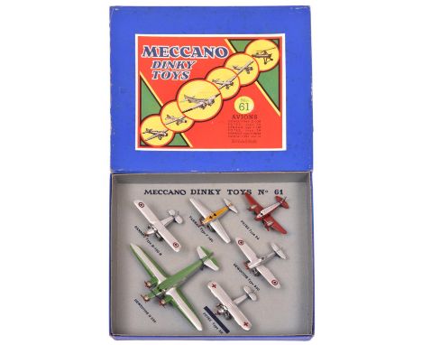 A rare French Dinky Toys Aeroplane Gift Set, 'Avions' No.61. Comprising 6 aircraft- Dewoitine D-338 in green and silver. Hanr