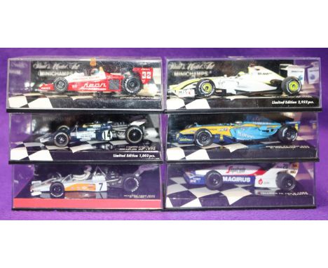 6 1:43 Minichamps Racing Cars. Lotus Ford 72 Mexican GP 1970 RN14 G. Hill. McLaren Ford M23 RN7 D. Hulme 1973. Wolf Ford WR1 
