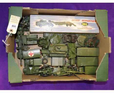 22 Dinky Military items. Thornycroft Tank Transporter. Boxed, some wear / damage. 2x Centurion Tanks. Medium Artillery Tracto