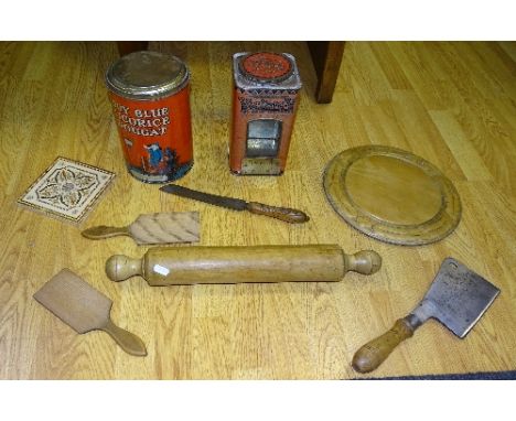 A box of vintage kitchenalia, to include tins 'Warlock', 'Boy Blue Licorice Nougat', 'Victory V' etc, wooden chopping boards,