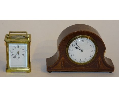 An Edwardian mahogany inlaid mantel clock, 15cm high, together with a French carriage clock, 10cm high (2)