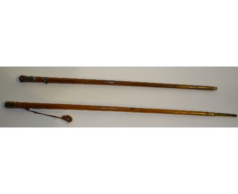 A military stick with unmarked silver collar and mounts circa late 19th century, possibly a malacca stick, with engraved mono