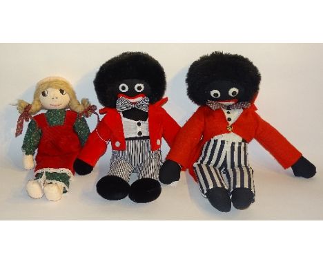 Two vintage Golliwogs, one slightly larger with fabric body, button eyes, lace shirt and wool red felt tail coat, 62cm long, 