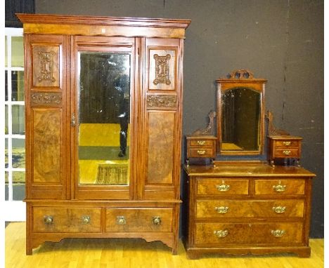A late Victorian walnut wardrobe, with similar dressing chest, wardrobe 210cm high x 145cm wide x 50cm deep (2)