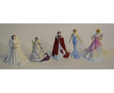 Four modern porcelain statuettes by Royal Doulton and Royal Worcester, to include 'In Celebration of the Queens 80th Birthday