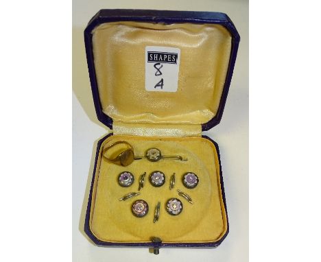 An enamel stud set circa 1920's, in fitted leather box, with a 9ct gold ring, 2.4g (a lot)