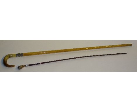 A Sunday stick crop, circa early 20th century, with unmarked silver head and bamboo shaft, 76cm long, together with a walking