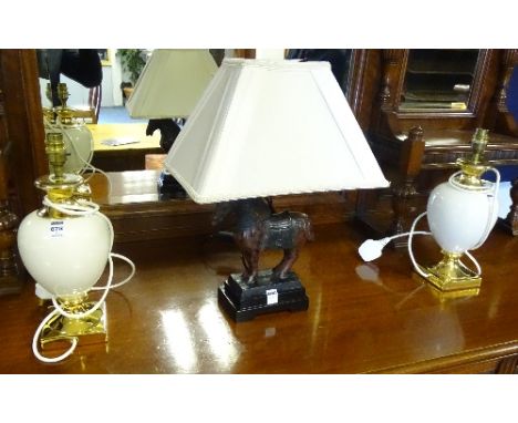 A pair of crackle glazed ceramic lamps, together with another lamp in the form of a Chinese horse, with shade (3)