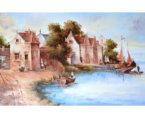 K Simon (Contemporary)'Village by Sea'Oil on canvas, signed, 60 x 90cm