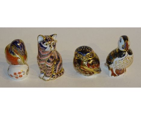 Four Royal Crown Derby animal paperweights, in the form of an owl, cat, puffin and kingfisher, button stoppers to underside, 