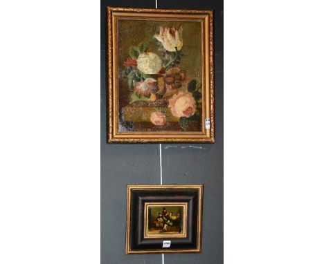 Unknown Artist'Still Life of Flowers'Oil on board, unsigned, 35 x 27cm, together with a small painted print of men in a bar (