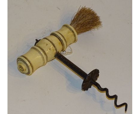 An ivory handled Georgian corkscrew by Samuel Henshall, patent 1795, the turned ivory handle with horsehair brush to one side