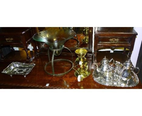 A plated teaset, comprising coffee pot, tea pot, milk, sugar and tray, together with a plated basket, brass lamp base and a l