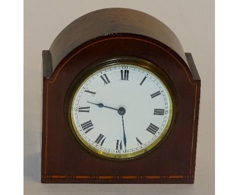 An Edwardian mahogany and line inlaid mantel clock, with swiss movement, stamped Buren, the white enamel dial with Roman nume