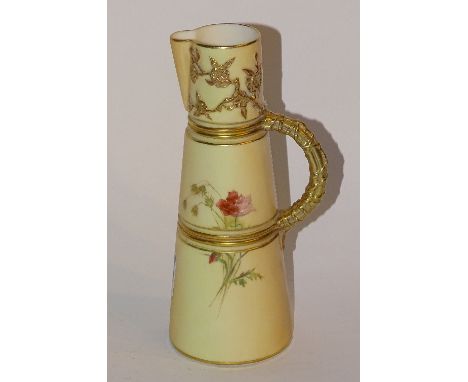 A late 19th century Royal Worcester blush ivory jug, decorated with a panel of butterfly in foliage, with gilt flowers and ha