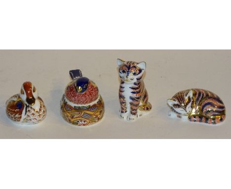 Four Royal Crown Derby animal paperweights, in the form of two kittens, bullfinch and duckling, button stoppers to underside,