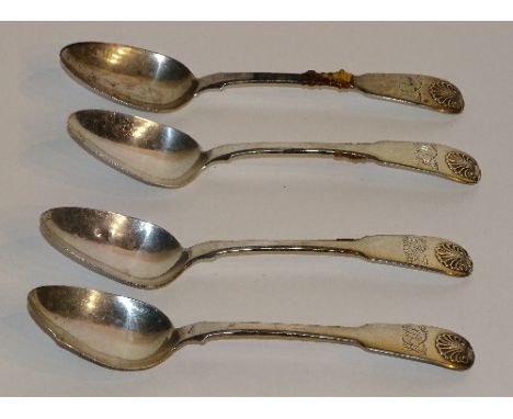 A set of four Scottish provincial silver teaspoons, with hallmarks for John Sellar Elgin, of fiddle pattern design with shell