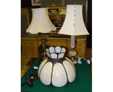 A brass table lamp, with shade, together with an onyx table lamp with shade and a 1930's Art Deco opaque glass and lead lined