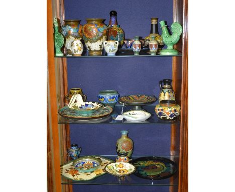 A collection of Gouda pottery, to include vases, comports, decanter, bowls, cockerel decanter etc (27) CONDITION REPORT: Lot 