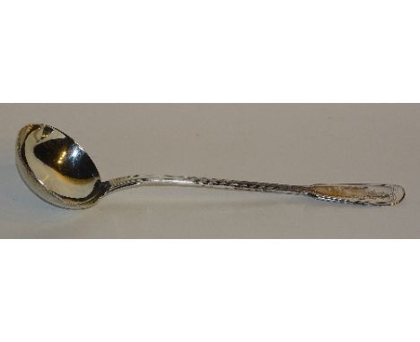 A large silver ladle, hallmarks rubbed but include 51 in a diamond shaped mark, of plain design with fluted stem, 34cm long, 