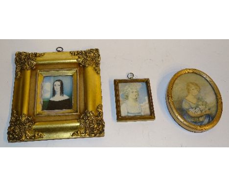 Unknown Artist (19th Century)'Portrait Miniature of a Young Woman'Watercolour on ivory, unsigned, in larger gilt frame, 8 x 6