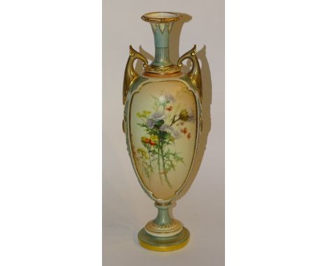 A Royal Worcester twin handled blush vase, decorated with multi-coloured panels of thistles and flowers on a blush ivory grou